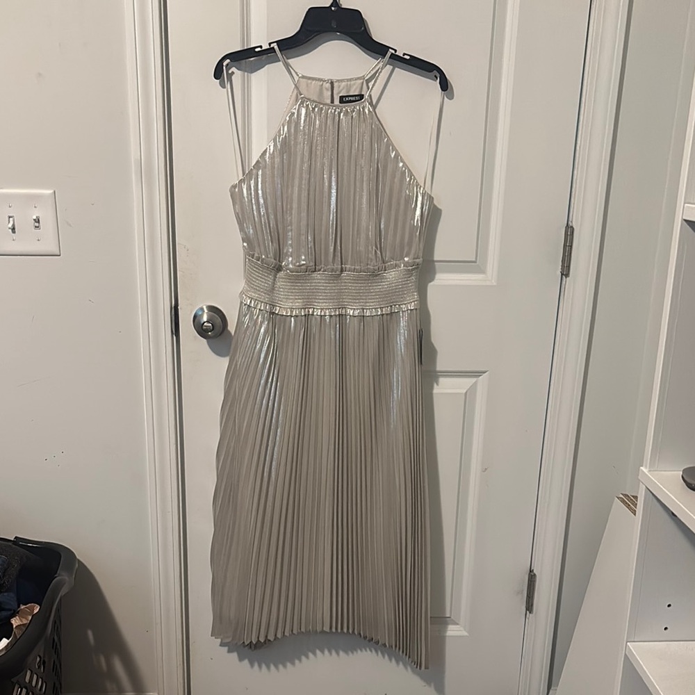 Express Silver Pleated Midi Dress